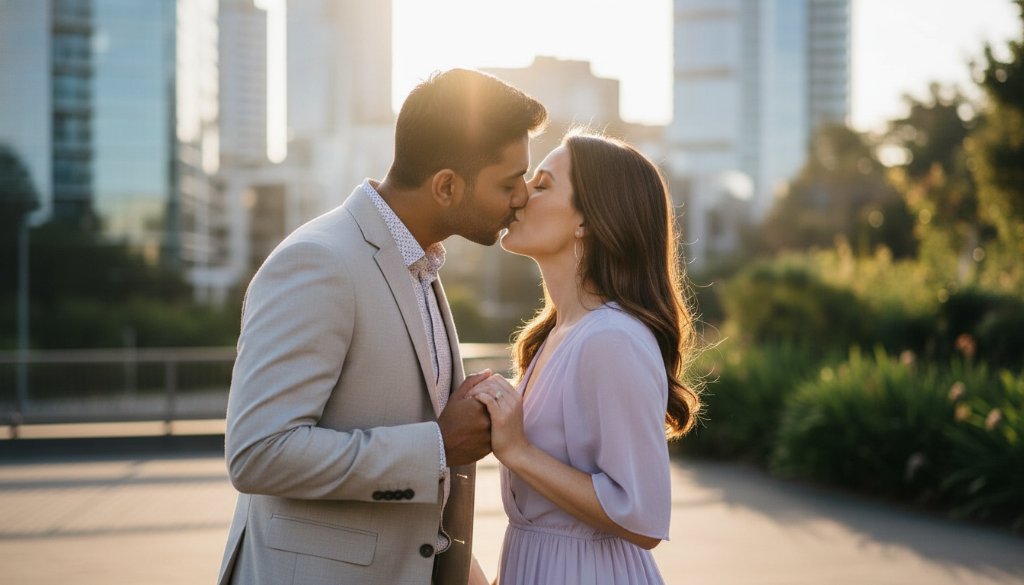 A couple shares a tender, dramatic kiss under soft golden hour light in a vibrant Box Hill pre-wedding photoshoot Melbourne, with modern architecture subtly blurred in the background, creating an epic moment.