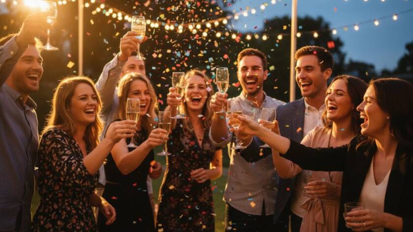 Dynamic close-up shot of guests laughing and cheering at a vibrant Brookfield Victoria party photography moments, professional lighting highlighting their joyous expressions, confetti gently falling, captured with a shallow depth of field for a cinematic feel.