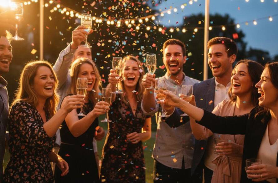 Dynamic close-up shot of guests laughing and cheering at a vibrant Brookfield Victoria party photography moments, professional lighting highlighting their joyous expressions, confetti gently falling, captured with a shallow depth of field for a cinematic feel.
