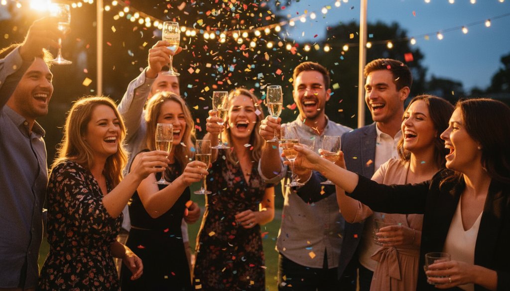 Dynamic close-up shot of guests laughing and cheering at a vibrant Brookfield Victoria party photography moments, professional lighting highlighting their joyous expressions, confetti gently falling, captured with a shallow depth of field for a cinematic feel.