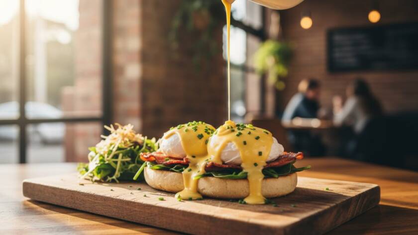 A dynamic, close-up shot of a perfectly plated Eggs Benedict, steaming hot on a rustic wooden table in a sun-drenched Vermont South cafe, showcasing vibrant brunch food photography Vermont South cafes with professional, cinematic lighting.