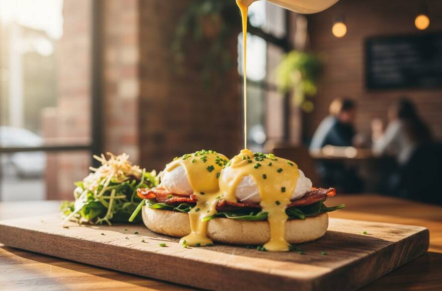 A dynamic, close-up shot of a perfectly plated Eggs Benedict, steaming hot on a rustic wooden table in a sun-drenched Vermont South cafe, showcasing vibrant brunch food photography Vermont South cafes with professional, cinematic lighting.