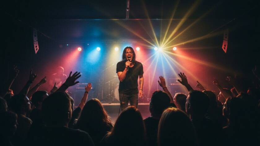 Dynamic wide shot capturing an electric moment of a rock band performing on stage at a local Burnside venue, audience's hands raised, bathed in dramatic stage lights, showcasing Vibrant Burnside Victoria live music photography.