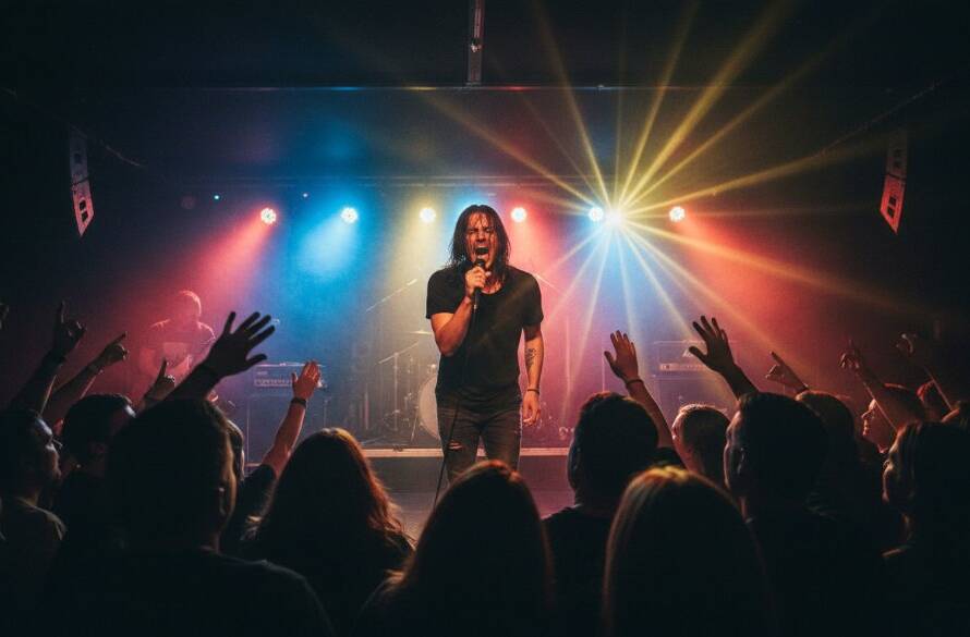 Dynamic wide shot capturing an electric moment of a rock band performing on stage at a local Burnside venue, audience's hands raised, bathed in dramatic stage lights, showcasing Vibrant Burnside Victoria live music photography.