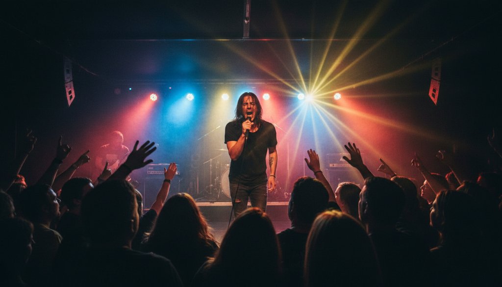 Dynamic wide shot capturing an electric moment of a rock band performing on stage at a local Burnside venue, audience's hands raised, bathed in dramatic stage lights, showcasing Vibrant Burnside Victoria live music photography.