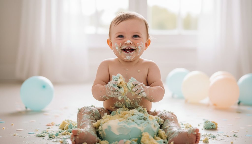 A vibrant cake smash photoshoot Point Cook featuring a joyous one-year-old child covered in cake, laughing amidst colorful balloons, with soft natural light streaming in, captured in an epic, professional photography style.