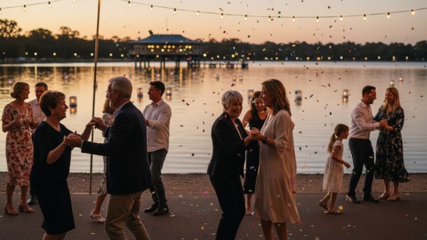 An epic moment of vibrant candid party photography Lake Wendouree, showing guests laughing and dancing under string lights by the lakeside at dusk, with the iconic Lake Wendouree pier in the soft background, professionally lit and color-graded.