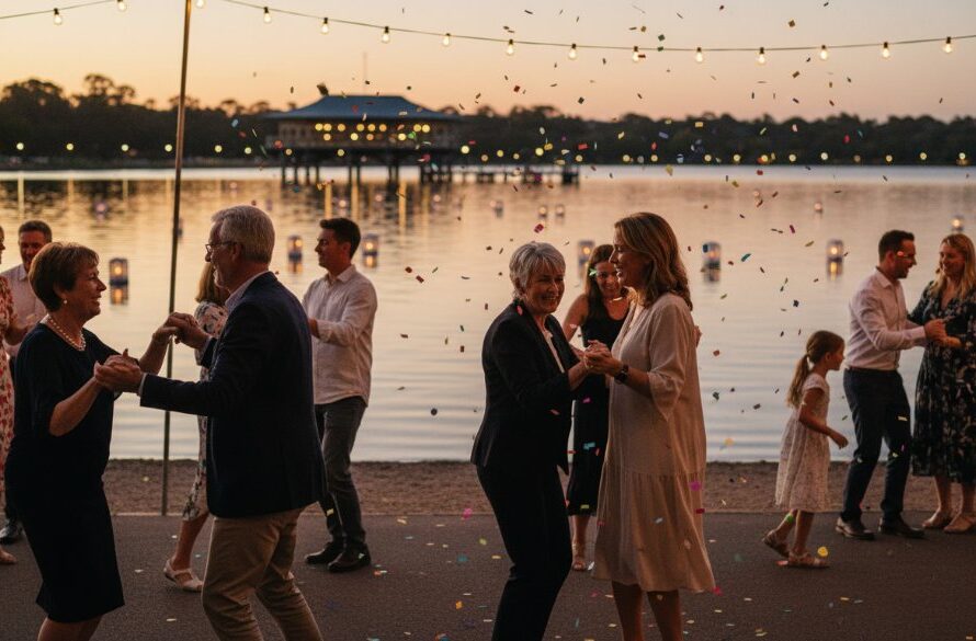 An epic moment of vibrant candid party photography Lake Wendouree, showing guests laughing and dancing under string lights by the lakeside at dusk, with the iconic Lake Wendouree pier in the soft background, professionally lit and color-graded.