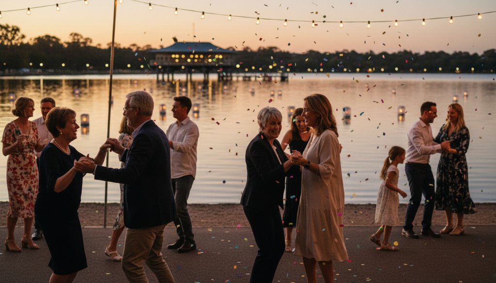 An epic moment of vibrant candid party photography Lake Wendouree, showing guests laughing and dancing under string lights by the lakeside at dusk, with the iconic Lake Wendouree pier in the soft background, professionally lit and color-graded.