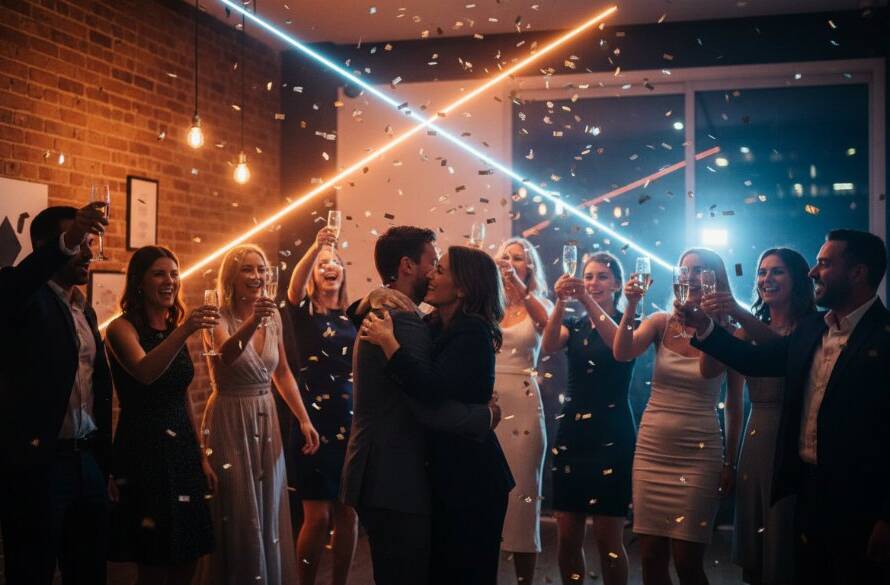 An energetic wide shot showcasing a group of friends laughing and raising glasses in celebration at a beautifully decorated party venue in Carnegie, bathed in warm, dynamic lighting, capturing the vibrant Carnegie party photography for unforgettable moments with pure joy.
