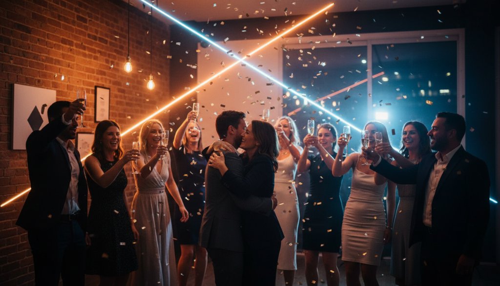 An energetic wide shot showcasing a group of friends laughing and raising glasses in celebration at a beautifully decorated party venue in Carnegie, bathed in warm, dynamic lighting, capturing the vibrant Carnegie party photography for unforgettable moments with pure joy.