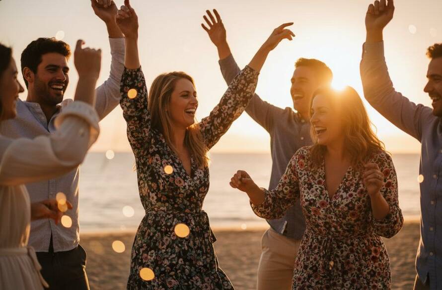 An epic moment of joyful laughter and dancing at a vibrant Chelsea VIC party, captured with professional lighting and vibrant colours, embodying the spirit of unforgettable celebrations.