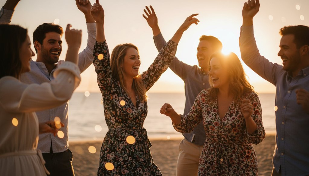 An epic moment of joyful laughter and dancing at a vibrant Chelsea VIC party, captured with professional lighting and vibrant colours, embodying the spirit of unforgettable celebrations.