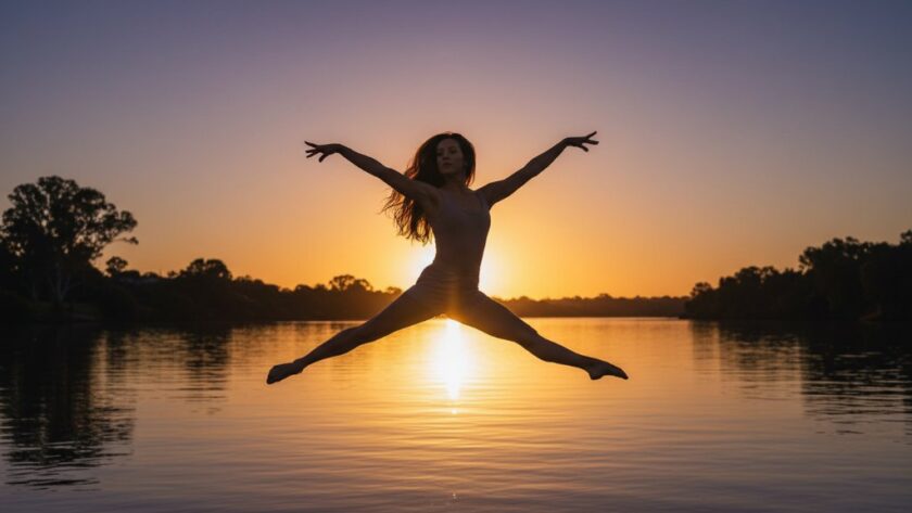 Dynamic shot of a ballet dancer mid-leap against a sunset over the Murray River in Cobram, showcasing vibrant Cobram dance photography for local studios, with dramatic backlighting and a powerful silhouette.