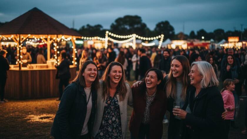 A candid, 'epic moment' photograph capturing the joyful interaction during vibrant community event photography in Sunshine North. A diverse group of people are laughing and connecting under festive lighting at a local Sunshine North park, with dynamic composition and professional colour grading.
