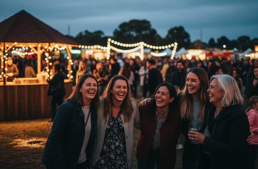 A candid, 'epic moment' photograph capturing the joyful interaction during vibrant community event photography in Sunshine North. A diverse group of people are laughing and connecting under festive lighting at a local Sunshine North park, with dynamic composition and professional colour grading.