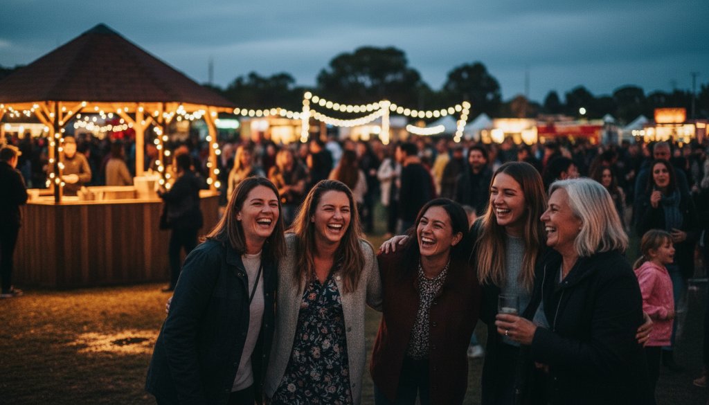 A candid, 'epic moment' photograph capturing the joyful interaction during vibrant community event photography in Sunshine North. A diverse group of people are laughing and connecting under festive lighting at a local Sunshine North park, with dynamic composition and professional colour grading.