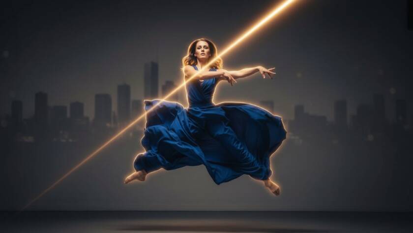 An exquisitely lit, dynamic photograph showcasing a dancer in an elegant, powerful jump, captured with vibrant dance photography for Doncaster performers, against a softly blurred, sophisticated studio backdrop, emphasizing movement and grace.