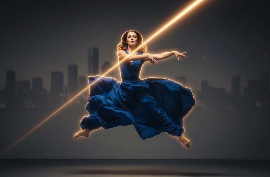 An exquisitely lit, dynamic photograph showcasing a dancer in an elegant, powerful jump, captured with vibrant dance photography for Doncaster performers, against a softly blurred, sophisticated studio backdrop, emphasizing movement and grace.