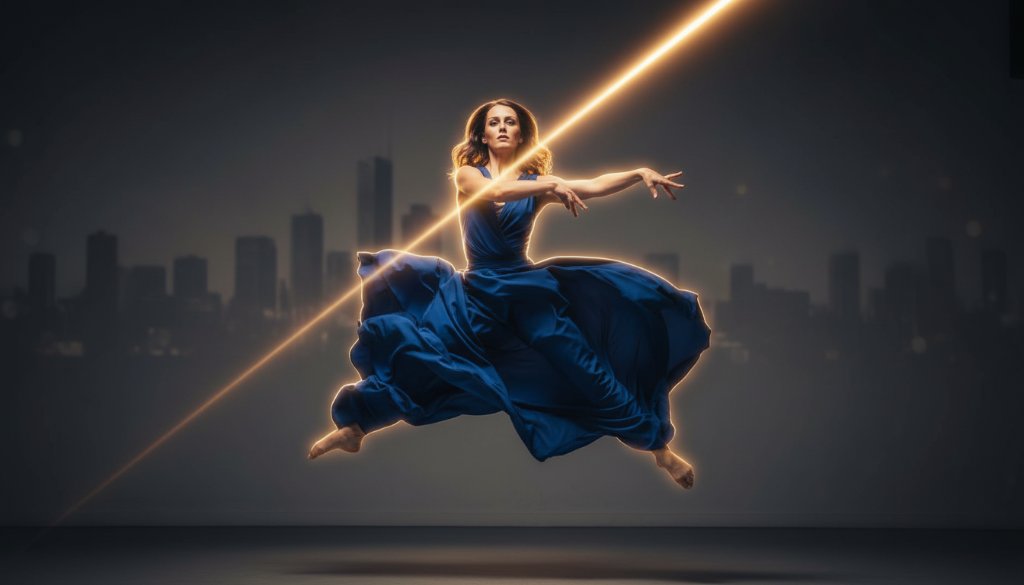 An exquisitely lit, dynamic photograph showcasing a dancer in an elegant, powerful jump, captured with vibrant dance photography for Doncaster performers, against a softly blurred, sophisticated studio backdrop, emphasizing movement and grace.