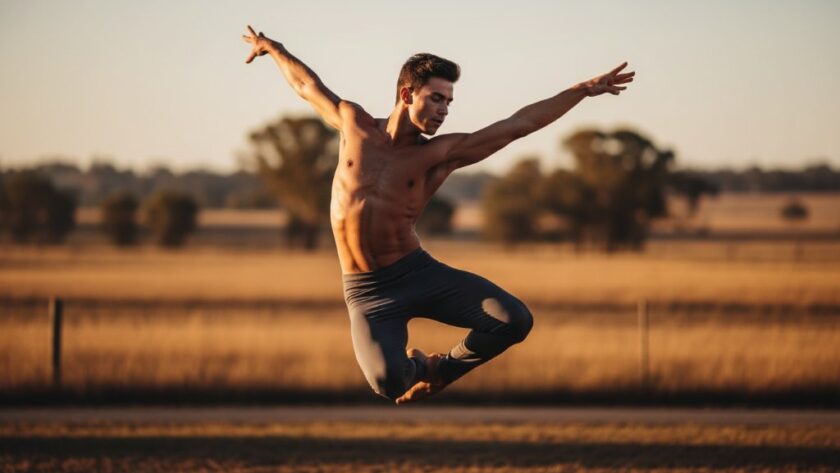 An exhilarating, dynamic shot showcasing Vibrant Dance Photography Marong Victoria, with a dancer suspended mid-air in a powerful jump, illuminated by dramatic stage lighting, capturing an epic moment of athleticism and artistry.