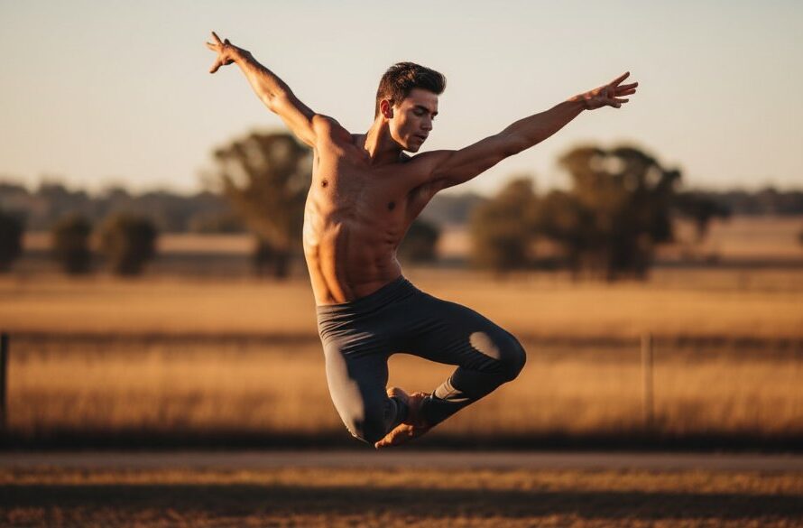 An exhilarating, dynamic shot showcasing Vibrant Dance Photography Marong Victoria, with a dancer suspended mid-air in a powerful jump, illuminated by dramatic stage lighting, capturing an epic moment of athleticism and artistry.