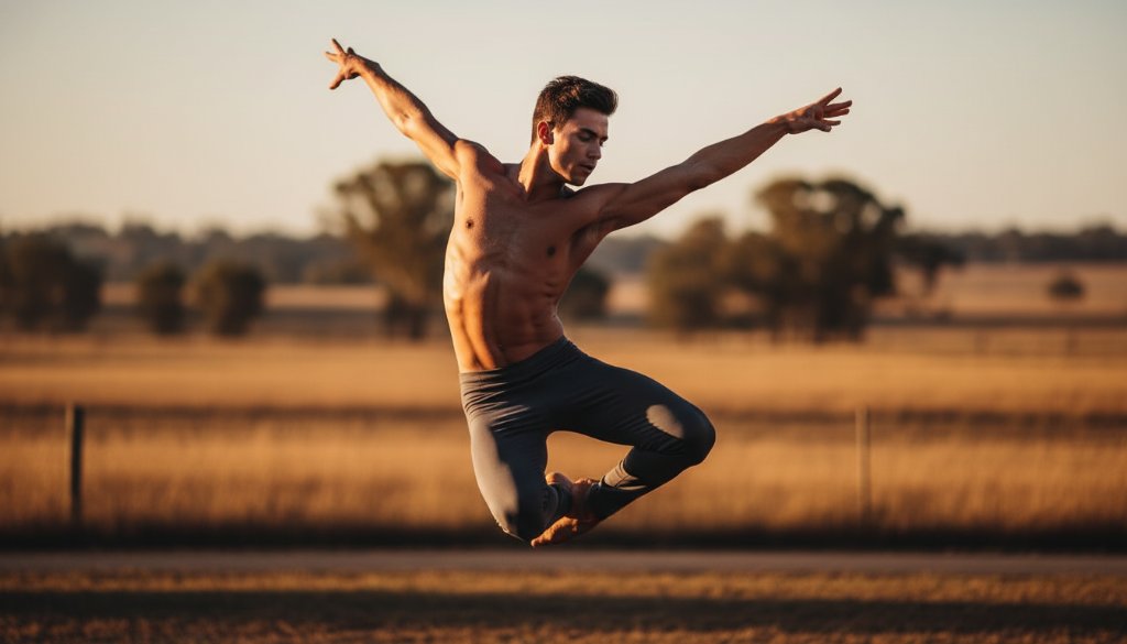 An exhilarating, dynamic shot showcasing Vibrant Dance Photography Marong Victoria, with a dancer suspended mid-air in a powerful jump, illuminated by dramatic stage lighting, capturing an epic moment of athleticism and artistry.