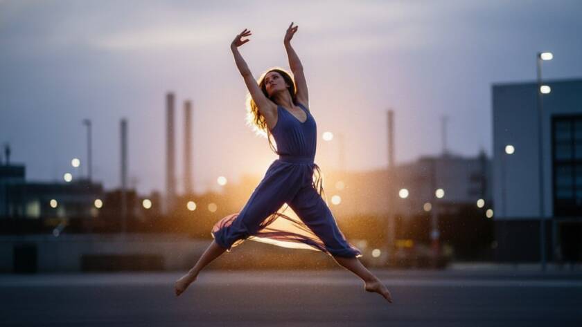 A dynamic, high-energy 'epic moment' photograph showcasing vibrant dance photography in Sunshine North, featuring a dancer mid-leap with dramatic backlighting against an urban Melbourne backdrop, capturing intense movement and artistic expression.