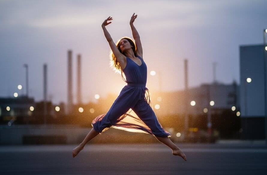 A dynamic, high-energy 'epic moment' photograph showcasing vibrant dance photography in Sunshine North, featuring a dancer mid-leap with dramatic backlighting against an urban Melbourne backdrop, capturing intense movement and artistic expression.