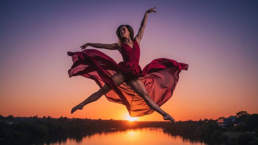 A breathtaking moment of a dancer performing an aerial leap against a dramatic sunset sky over the Yarra River near Templestowe, showcasing vibrant dance photography Templestowe capturing elegant motion with incredible strength and grace.
