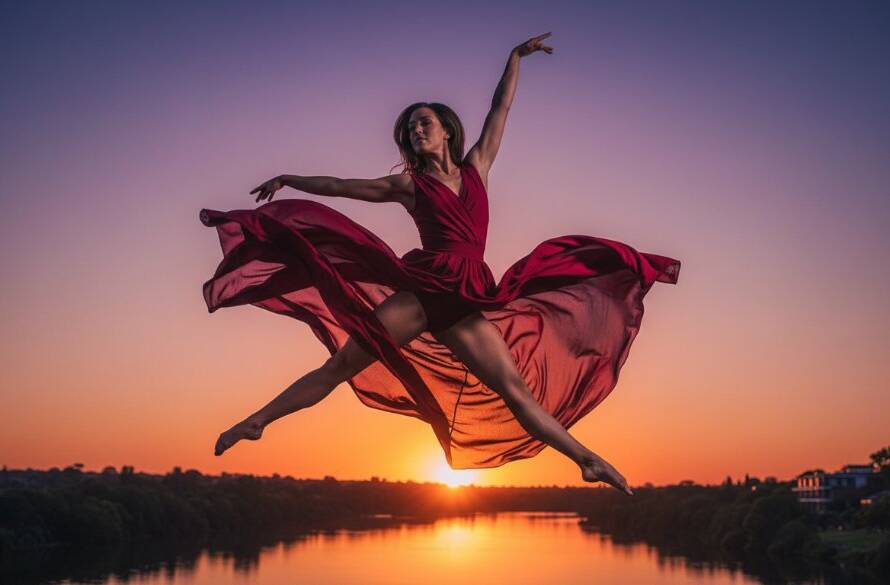 A breathtaking moment of a dancer performing an aerial leap against a dramatic sunset sky over the Yarra River near Templestowe, showcasing vibrant dance photography Templestowe capturing elegant motion with incredible strength and grace.