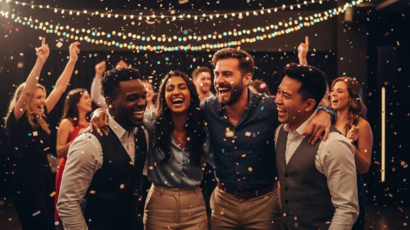 An epic moment of pure joy and laughter captured by Image by SD, showcasing vibrant Dandenong party photography memories from a lively birthday celebration in a Dandenong function hall, with confetti falling and guests cheering, under dramatic, colourful lighting.