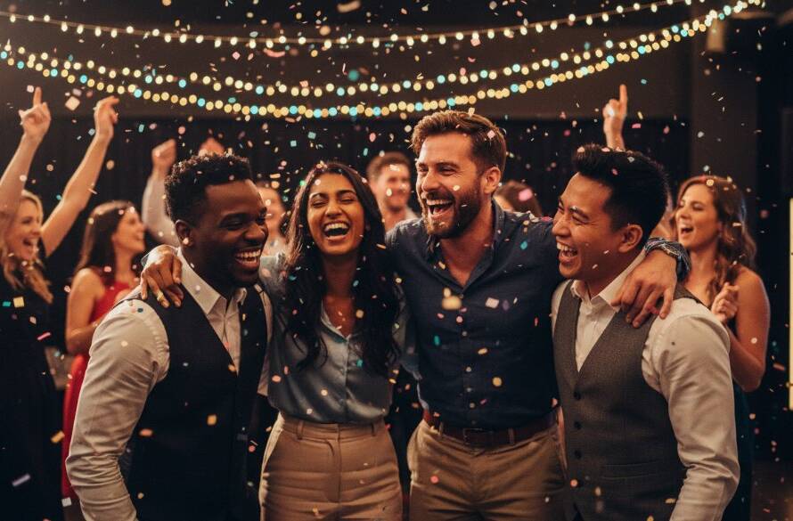 An epic moment of pure joy and laughter captured by Image by SD, showcasing vibrant Dandenong party photography memories from a lively birthday celebration in a Dandenong function hall, with confetti falling and guests cheering, under dramatic, colourful lighting.