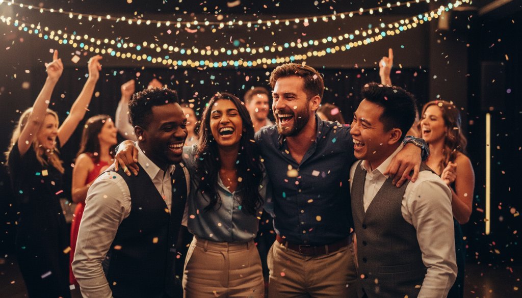 An epic moment of pure joy and laughter captured by Image by SD, showcasing vibrant Dandenong party photography memories from a lively birthday celebration in a Dandenong function hall, with confetti falling and guests cheering, under dramatic, colourful lighting.