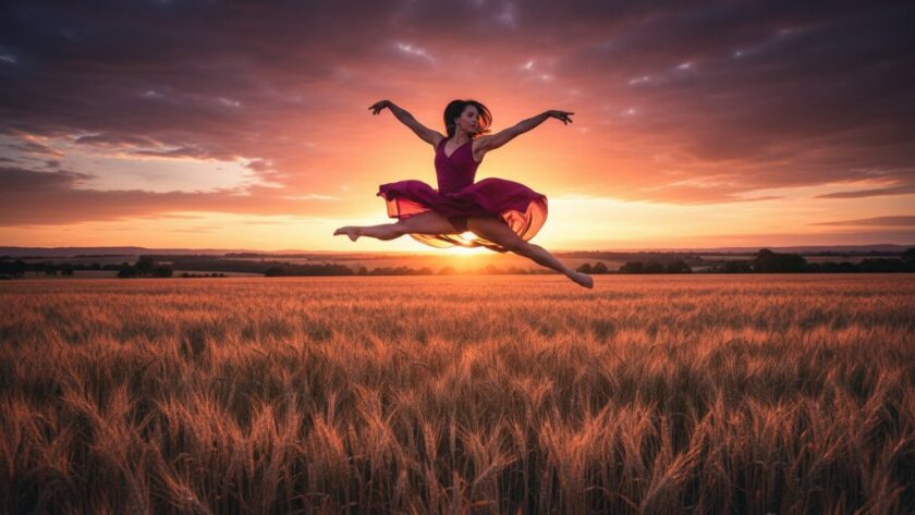 A Drouin dancer in a powerful, dynamic pose at sunset, showcasing vibrant Drouin dance photography capturing movement with dramatic flair against a rural Victorian landscape, professional color grading.