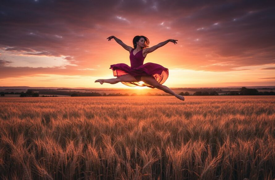 A Drouin dancer in a powerful, dynamic pose at sunset, showcasing vibrant Drouin dance photography capturing movement with dramatic flair against a rural Victorian landscape, professional color grading.