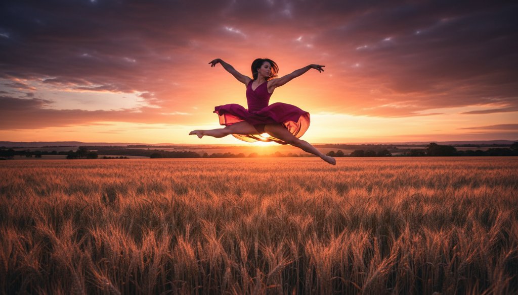 A Drouin dancer in a powerful, dynamic pose at sunset, showcasing vibrant Drouin dance photography capturing movement with dramatic flair against a rural Victorian landscape, professional color grading.