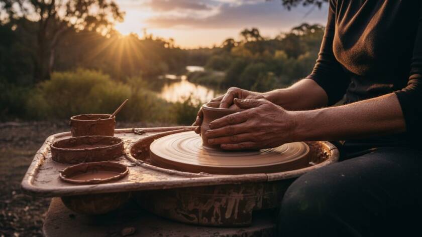 A dynamic wide-angle shot showcasing vibrant editorial photography Warrandyte South Victoria for compelling local stories, featuring a local artisan passionately crafting pottery outdoors at a community market, with dramatic golden hour light silhouetting their hands and the bustling Warrandyte South landscape in the background, conveying authenticity and local spirit.