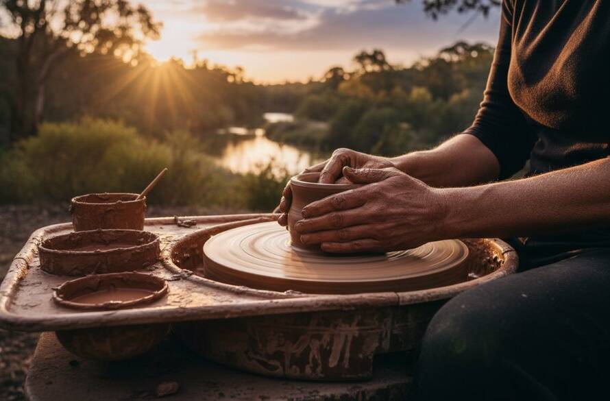 A dynamic wide-angle shot showcasing vibrant editorial photography Warrandyte South Victoria for compelling local stories, featuring a local artisan passionately crafting pottery outdoors at a community market, with dramatic golden hour light silhouetting their hands and the bustling Warrandyte South landscape in the background, conveying authenticity and local spirit.