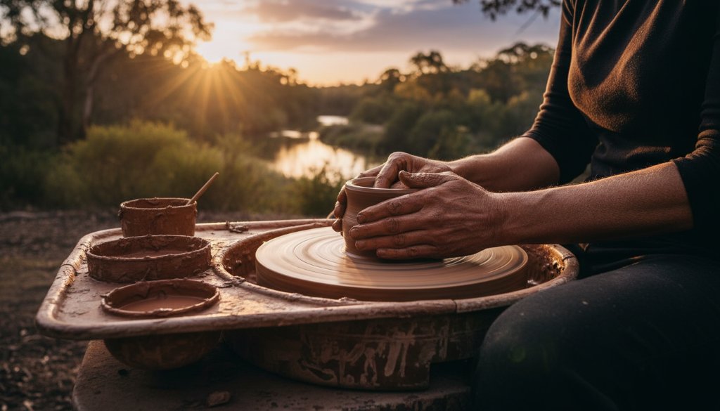 A dynamic wide-angle shot showcasing vibrant editorial photography Warrandyte South Victoria for compelling local stories, featuring a local artisan passionately crafting pottery outdoors at a community market, with dramatic golden hour light silhouetting their hands and the bustling Warrandyte South landscape in the background, conveying authenticity and local spirit.