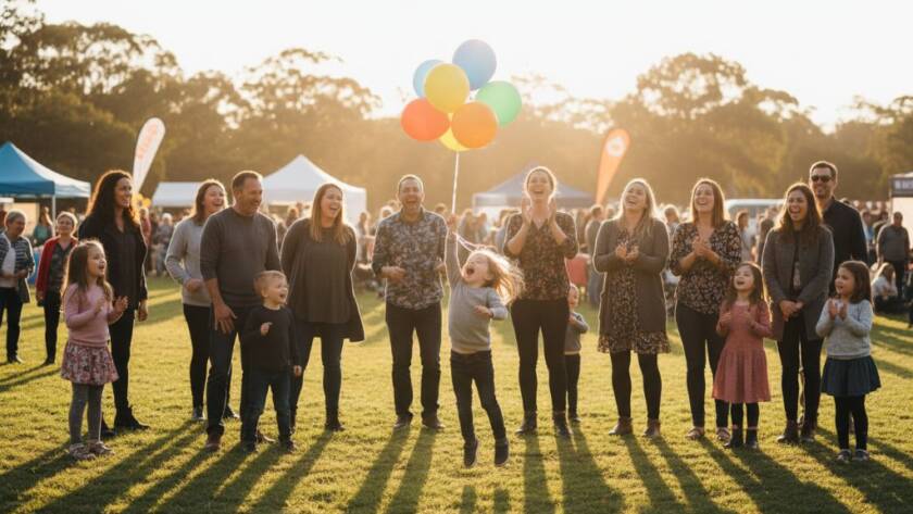 Vibrant event photography Blackburn North Victoria: A candid, wide-angle shot of guests laughing and cheering at a community festival in Blackburn North's Koonung Creek Reserve, bathed in warm golden hour light, capturing an epic moment of collective joy and celebration.