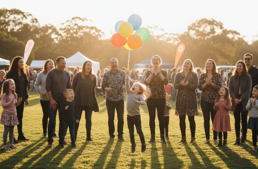 Vibrant event photography Blackburn North Victoria: A candid, wide-angle shot of guests laughing and cheering at a community festival in Blackburn North's Koonung Creek Reserve, bathed in warm golden hour light, capturing an epic moment of collective joy and celebration.