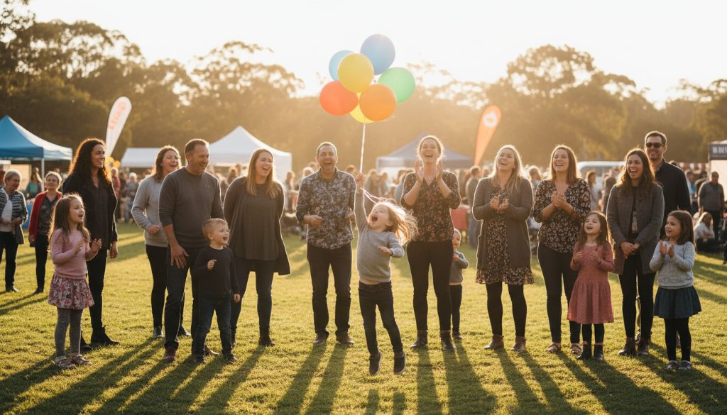 Vibrant event photography Blackburn North Victoria: A candid, wide-angle shot of guests laughing and cheering at a community festival in Blackburn North's Koonung Creek Reserve, bathed in warm golden hour light, capturing an epic moment of collective joy and celebration.