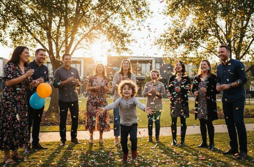 Vibrant Event Photography Tarneit Victoria capturing a joyous community festival moment with families laughing under festive lights at Tarneit Gardens, dramatic sunset backlighting.