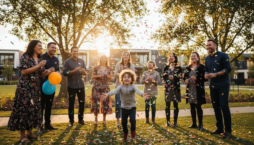 Vibrant Event Photography Tarneit Victoria capturing a joyous community festival moment with families laughing under festive lights at Tarneit Gardens, dramatic sunset backlighting.