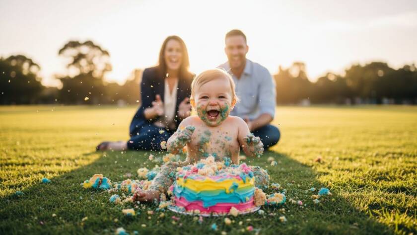A wide-angle, epic moment photograph of a laughing baby covered in colourful cake, with their parents cheering in the background, capturing the vibrant first birthday cake smash photography Derrimut experience in a brightly lit, joyful outdoor setting.