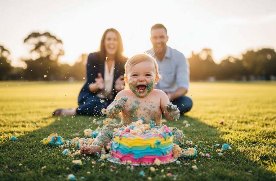 A wide-angle, epic moment photograph of a laughing baby covered in colourful cake, with their parents cheering in the background, capturing the vibrant first birthday cake smash photography Derrimut experience in a brightly lit, joyful outdoor setting.