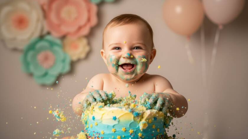 Epic moment of a joyful baby with colourful icing smeared across their face, hands plunged into a birthday cake, set against a beautifully decorated backdrop in a professional Vibrant First Birthday Cake Smash Photography Keilor East studio, capturing pure, unbridled celebration and innocence.