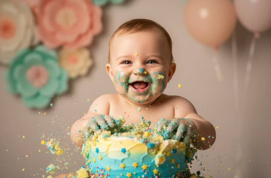 Epic moment of a joyful baby with colourful icing smeared across their face, hands plunged into a birthday cake, set against a beautifully decorated backdrop in a professional Vibrant First Birthday Cake Smash Photography Keilor East studio, capturing pure, unbridled celebration and innocence.