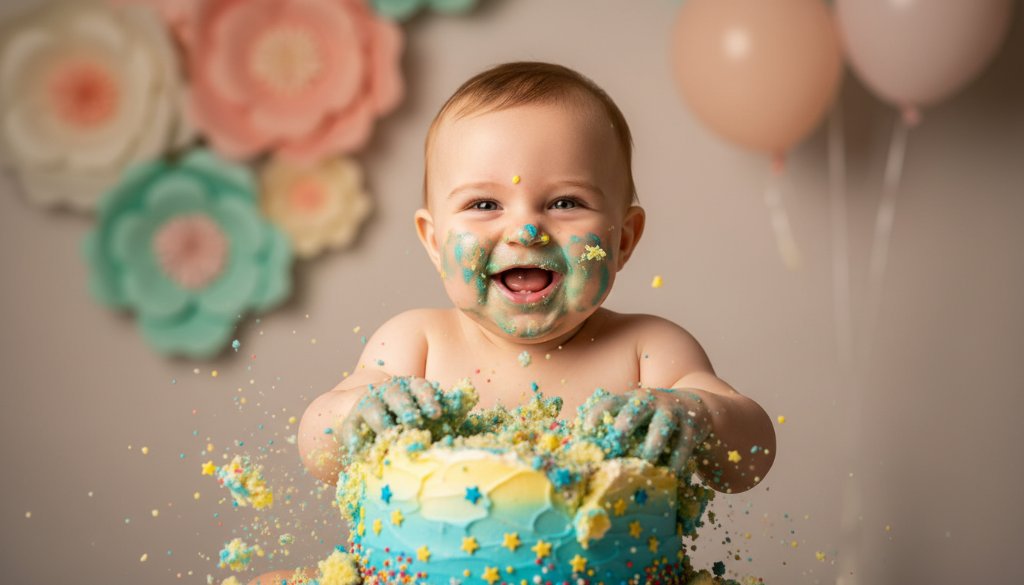 Epic moment of a joyful baby with colourful icing smeared across their face, hands plunged into a birthday cake, set against a beautifully decorated backdrop in a professional Vibrant First Birthday Cake Smash Photography Keilor East studio, capturing pure, unbridled celebration and innocence.